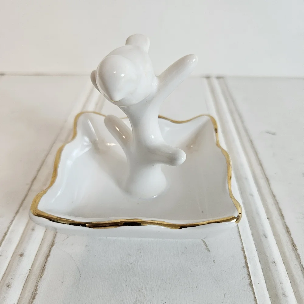 White Ceramic Bird Ring Holder Gold Trim Jewelry Dish Vanity Decor